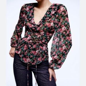 Zara black floral corset tie up sheer blouse